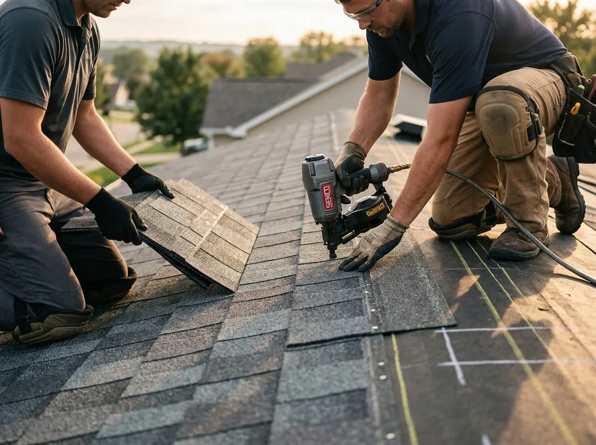 Professional roofer working on a residential roof in Olivette